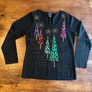 Women Medium Christmas Sweater Jack B Quick Holiday Black w Sequin Trees